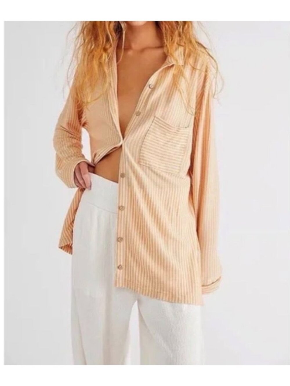 Free People FP Beach Better Days Striped Button Up Shirt‎ XS Tunic Yellow Hippie
